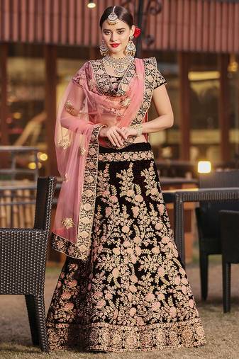 Maroon Embroidered Pure Velvet Bridal Wedding Lehenga Choli For Women