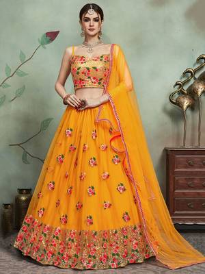 mustard yellow sequins net bridal lehenga set choli with dupatta 3
