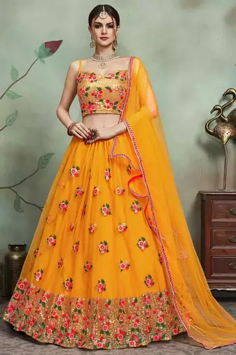 mustard yellow sequins net bridal lehenga set choli with dupatta