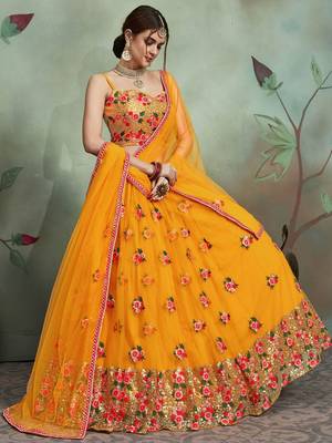 mustard yellow sequins net bridal lehenga set choli with dupatta 4