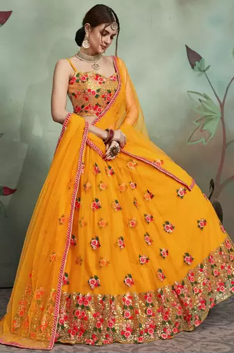 mustard yellow sequins net bridal lehenga set choli with dupatta