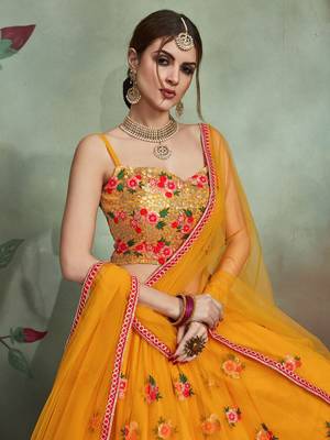 mustard yellow sequins net bridal lehenga set choli with dupatta 5