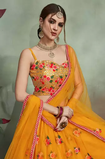 mustard yellow sequins net bridal lehenga set choli with dupatta