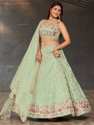 sky blue sequins georgette lehenga set choli with dupatta 3
