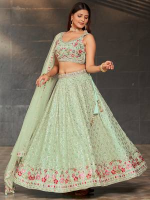 sky blue sequins georgette lehenga set choli with dupatta 4