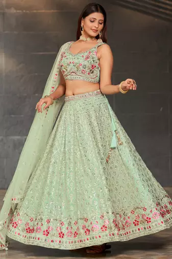 sky blue sequins georgette lehenga set choli with dupatta
