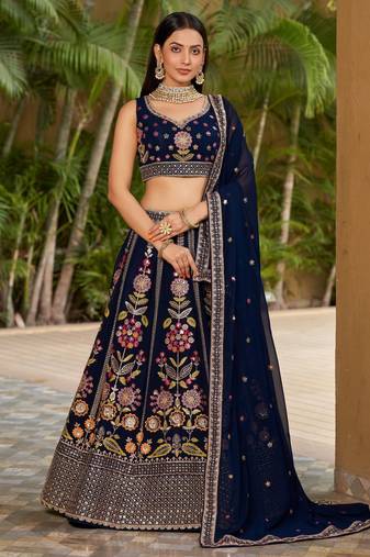 Navy Blue Georgette Thread Work Lehenga