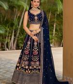 navy blue georgette thread work lehenga