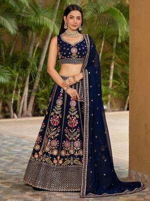 navy blue georgette thread work lehenga 3