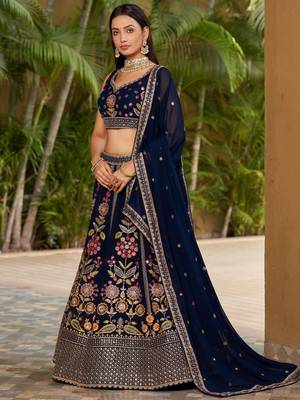 navy blue georgette thread work lehenga 4