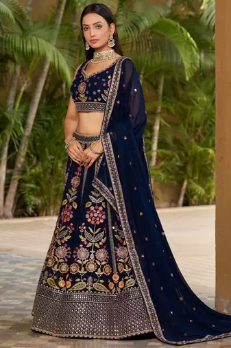 navy blue georgette thread work lehenga