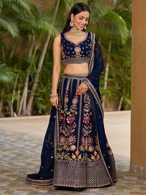 navy blue georgette thread work lehenga 5