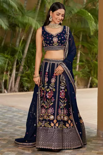 navy blue georgette thread work lehenga