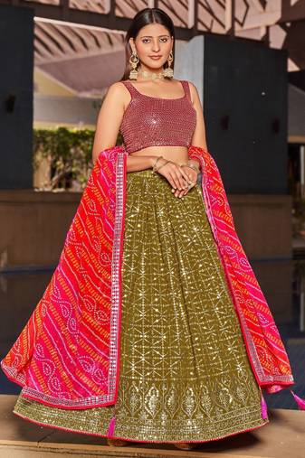 Olive Green Sequins Georgette Sangeet Wear Lehenga Choli