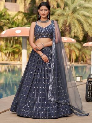 grey sequins georgette lehenga set choli with dupatta 3