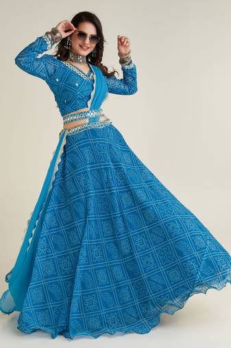 Sky-Blue Bandhani Printed Georgette Navratri Lehenga Choli
