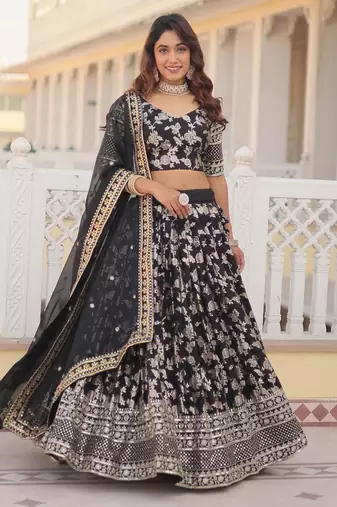 black embroidered jacquard lehenga set choli with dupatta