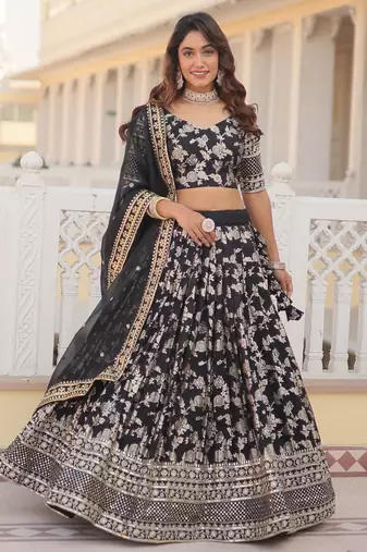 black embroidered jacquard lehenga set choli with dupatta