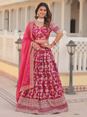 pink embroidered jacquard lehenga set choli with dupatta 1