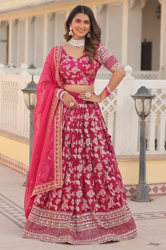   Pink Embroidered Jacquard Engagement Wear Lehenga Choli