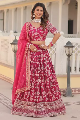 pink embroidered jacquard lehenga set choli with dupatta