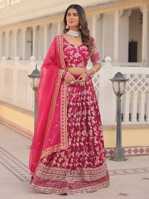 pink embroidered jacquard lehenga set choli with dupatta 3