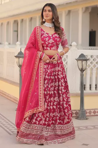 pink embroidered jacquard lehenga set choli with dupatta