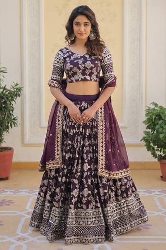 Wine  Embroidered Jacquard Sangeet Wear Lehenga Choli