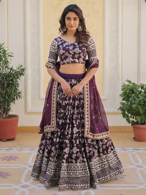wine embroidered jacquard lehenga set choli with dupatta 2