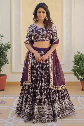 wine embroidered jacquard lehenga set choli with dupatta
