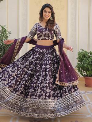 wine embroidered jacquard lehenga set choli with dupatta 3