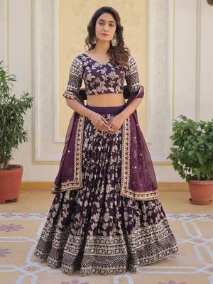wine embroidered jacquard lehenga set choli with dupatta 4
