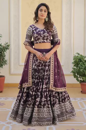 wine embroidered jacquard lehenga set choli with dupatta