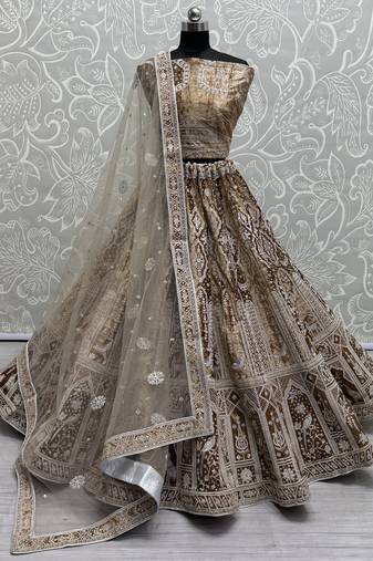Brown Thread Work Velvet Wedding Lehenga Choli With Dupatta