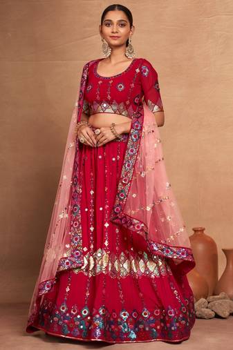 Rani Pink Sequins Georgette Wedding Wear Lehenga Choli