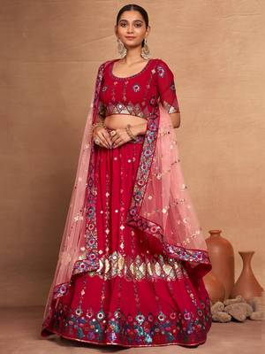 rani pink sequins georgette lehenga set choli with dupatta 3