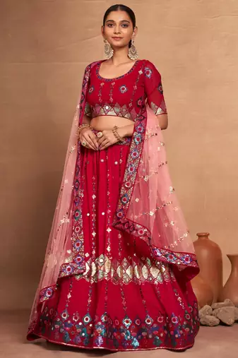 rani pink sequins georgette lehenga set choli with dupatta