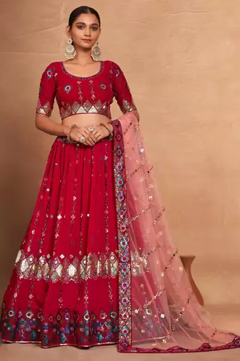 rani pink sequins georgette lehenga set choli with dupatta