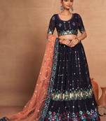 Navy Blue Embroidered Georgette Lehenga Choli With Dupatta