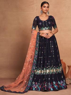 navy blue embroidered georgette lehenga set choli with dupatta with dupatta 3