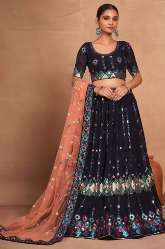 navy blue embroidered georgette lehenga set choli with dupatta with dupatta