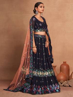 navy blue embroidered georgette lehenga set choli with dupatta with dupatta 4