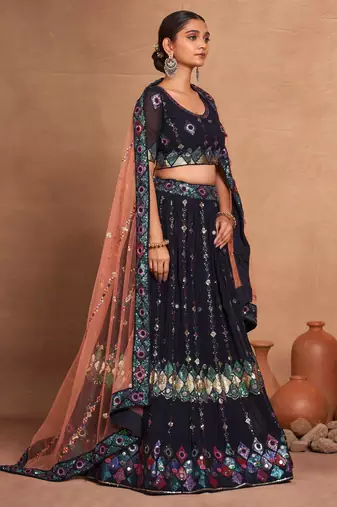 navy blue embroidered georgette lehenga set choli with dupatta with dupatta