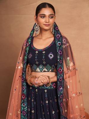 navy blue embroidered georgette lehenga set choli with dupatta with dupatta 5