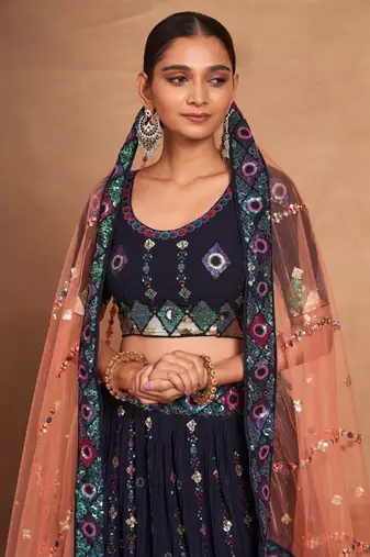 navy blue embroidered georgette lehenga set choli with dupatta with dupatta