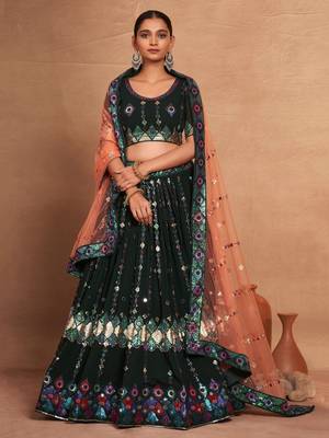 green sequins georgette mehendi lehenga set choli with dupatta 3