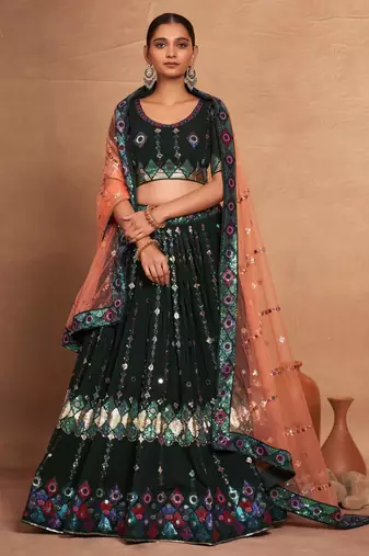 green sequins georgette mehendi lehenga set choli with dupatta