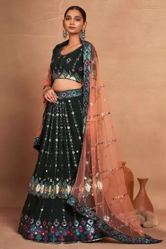 green sequins georgette mehendi lehenga set choli with dupatta