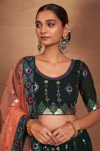 green sequins georgette mehendi lehenga set choli with dupatta