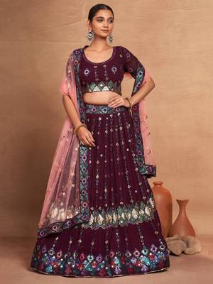 wine embroidered georgette lehenga set choli with dupatta 1